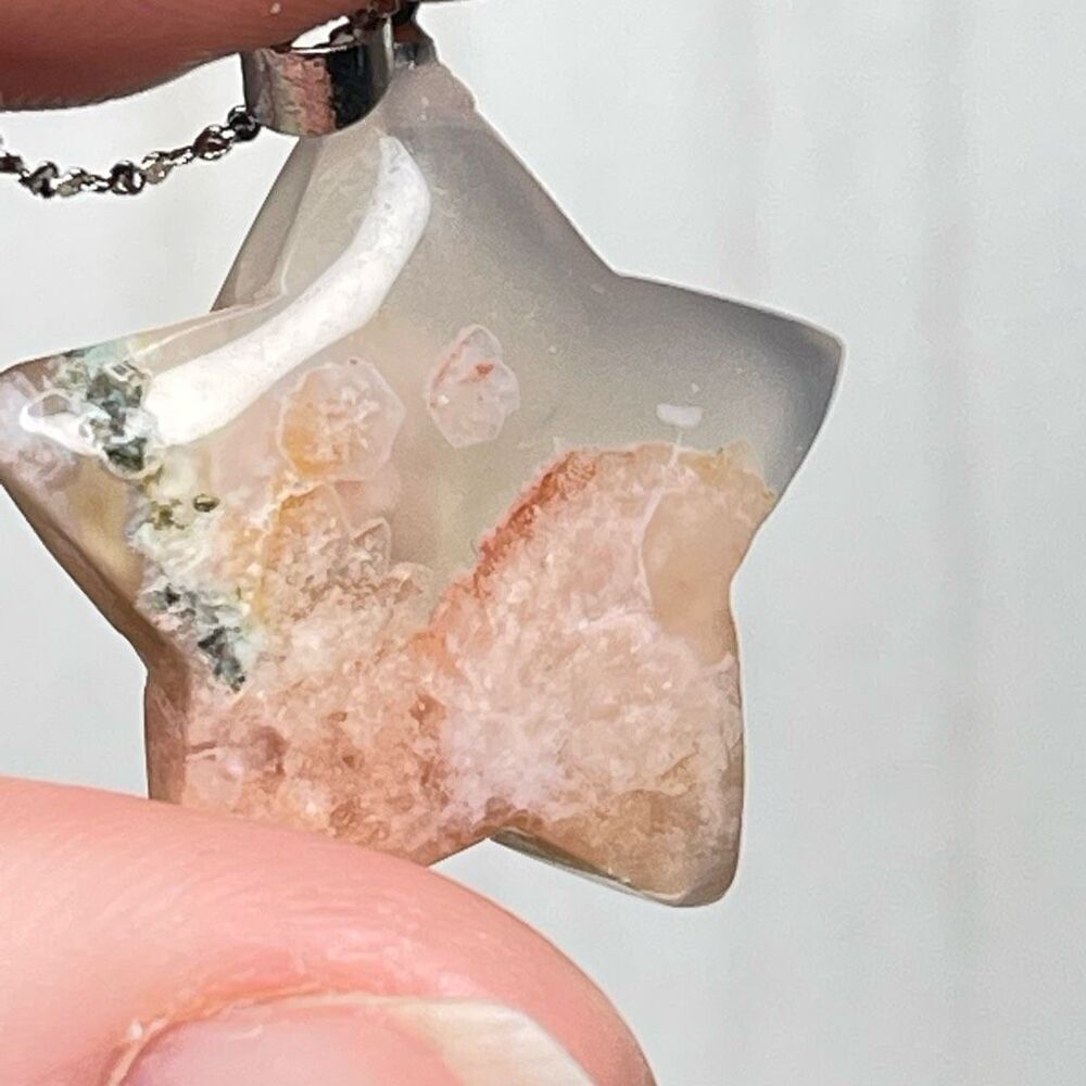 Flower agate natural green pink redโstar carving pendant stainless steel chain n